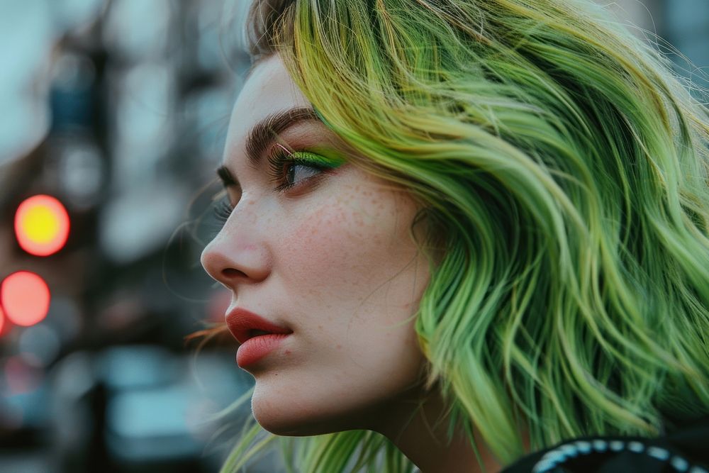 White woman green blunt lob hairstyles portrait street adult.