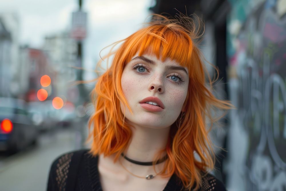 White woman orange blunt lob hairstyles portrait street adult.