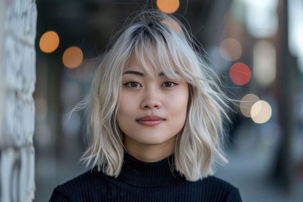 Asian woman blonde full bangs hairstyles individuality contemplation architecture.