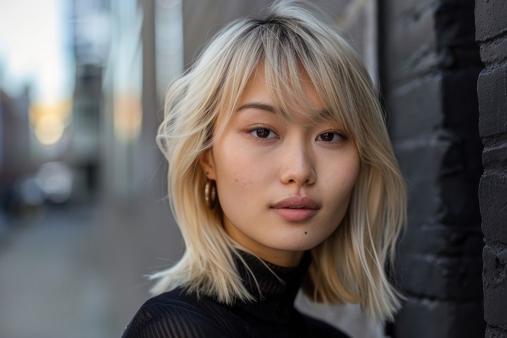 Asian woman blonde full bangs hairstyles adult individuality contemplation.