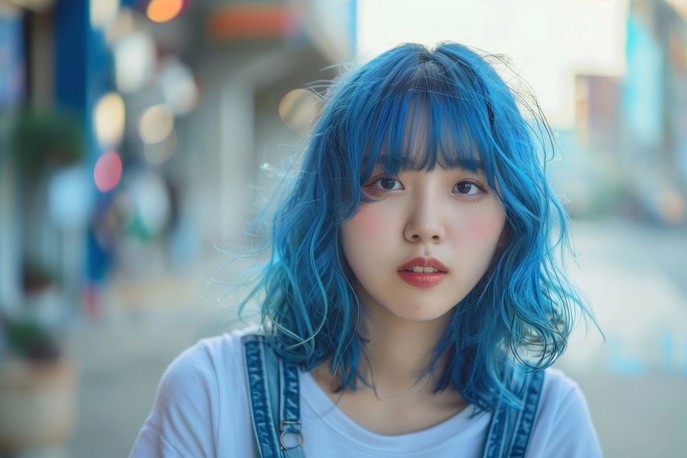 Asian woman blue full bangs hairstyles contemplation architecture portrait.