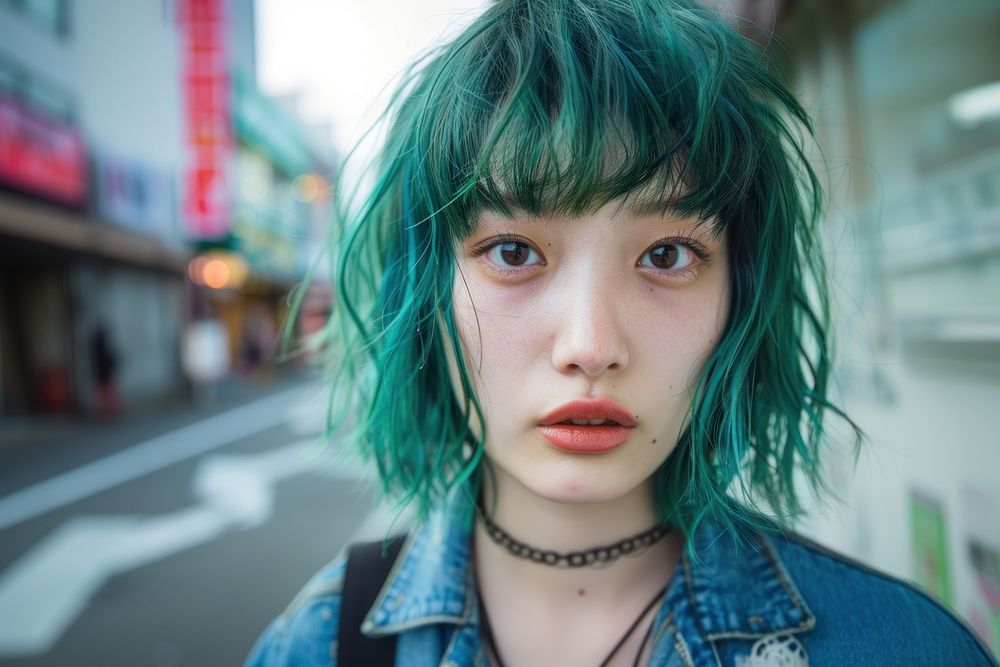 Asian woman green full bangs hairstyles individuality architecture accessories.