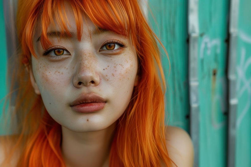 Asian woman orange full bangs hairstyles portrait photo skin.