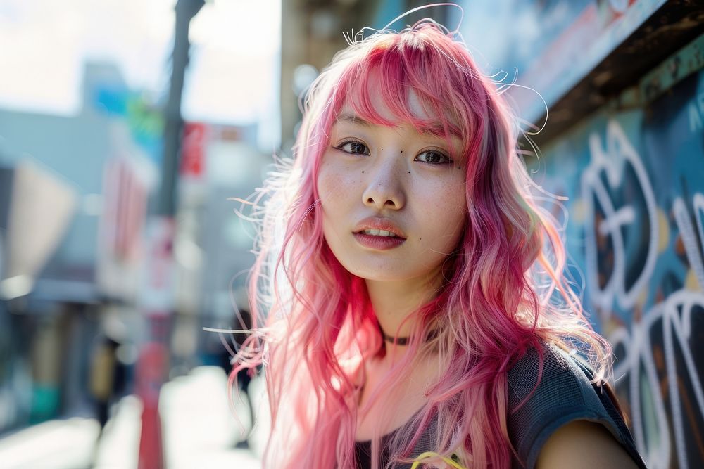 Asian woman pink full bangs hairstyles street individuality architecture.