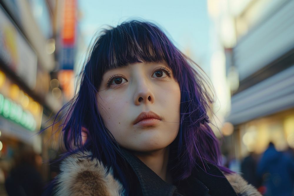Asian woman purple full bangs hairstyles portrait street adult.