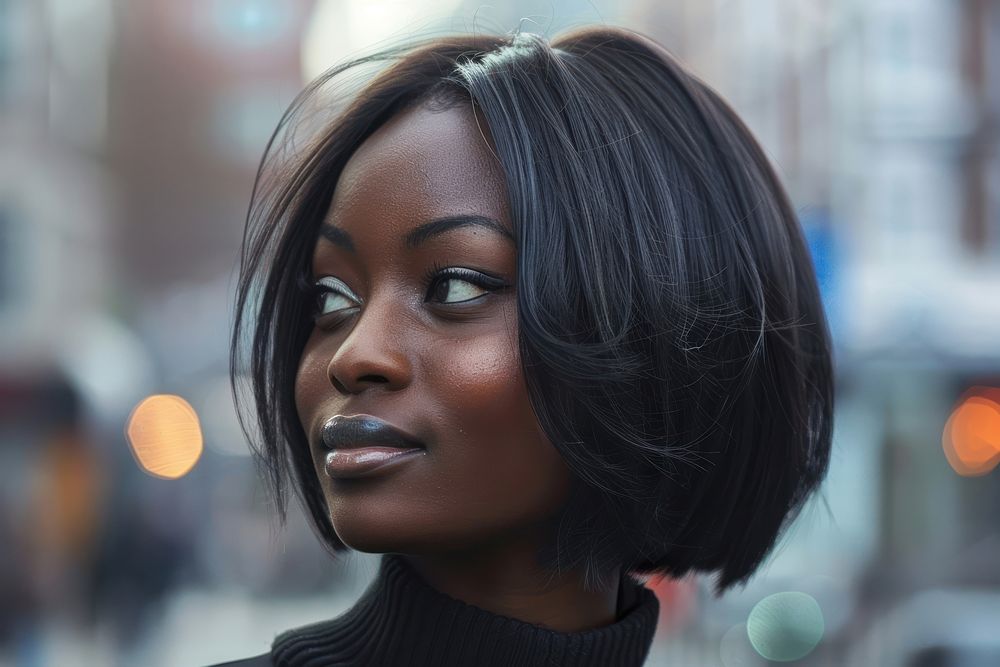 Black woman angled bob hairstyles portrait adult photo.