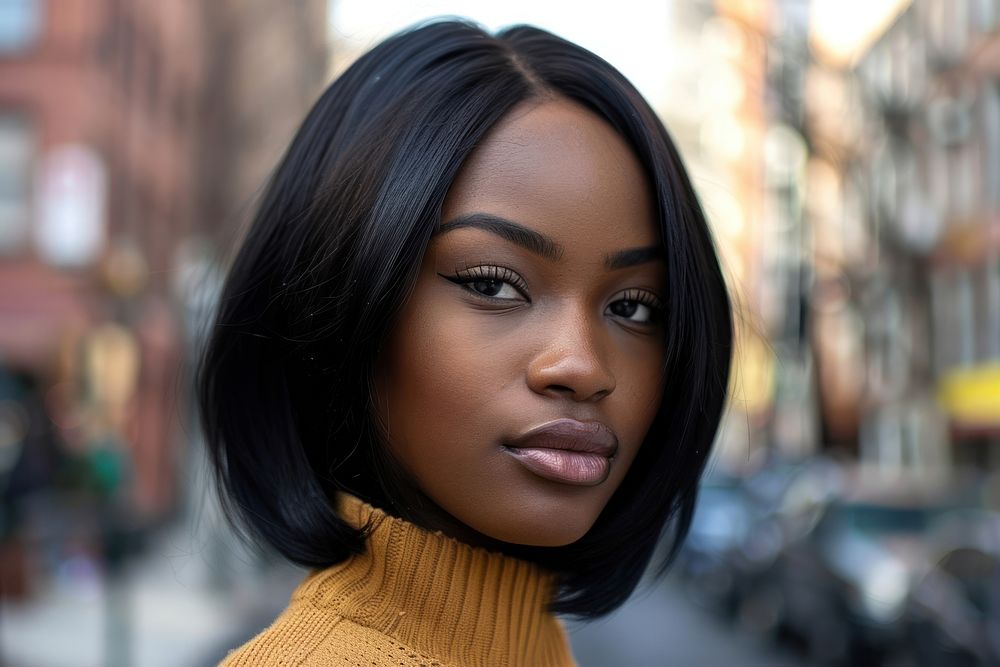 Black woman blunt lob hairstyles street adult individuality.