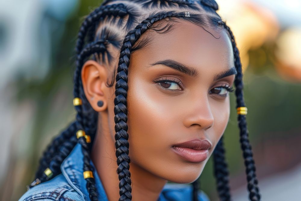 Black woman cornrows braid hairstyles street background dreadlocks forehead headshot.