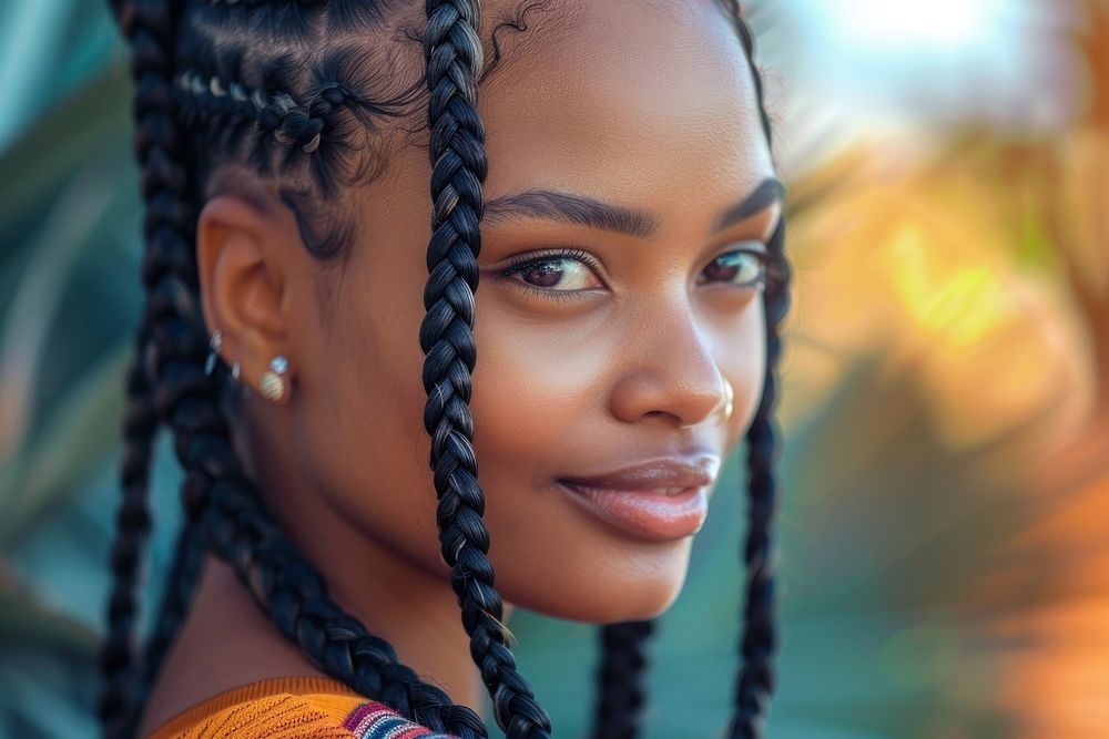 Black woman cornrows braid hairstyles street background dreadlocks headshot portrait.