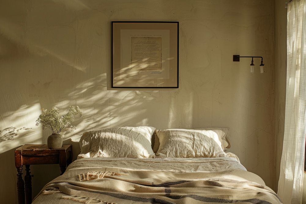 Bedroom interior with picture frame furniture painting cushion.