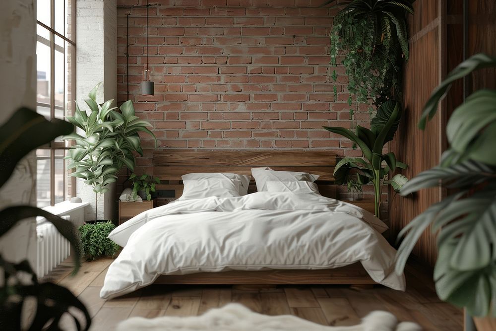 Loft style bedrooom interior furniture indoors cushion.
