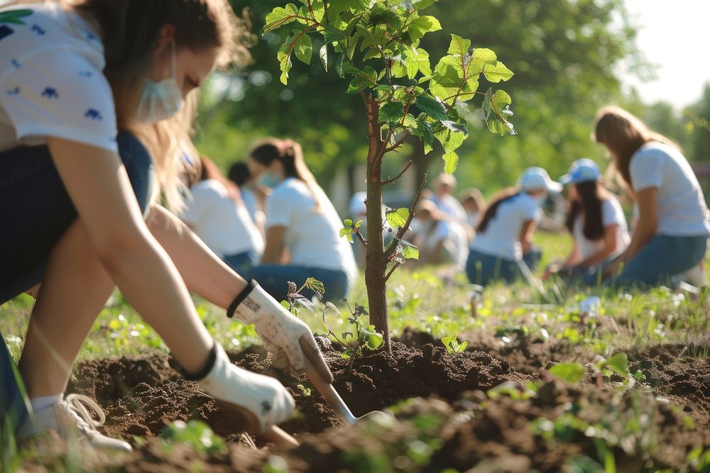 Volunteers planting tree gardening outdoors clothing.