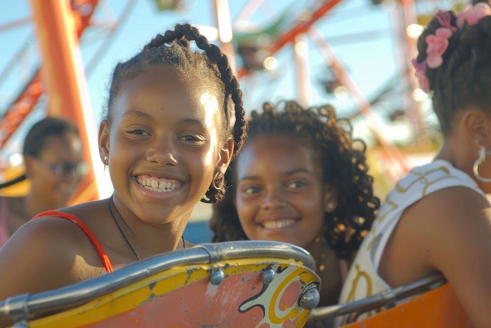 Young black girls on roller coaster portrait child smile.