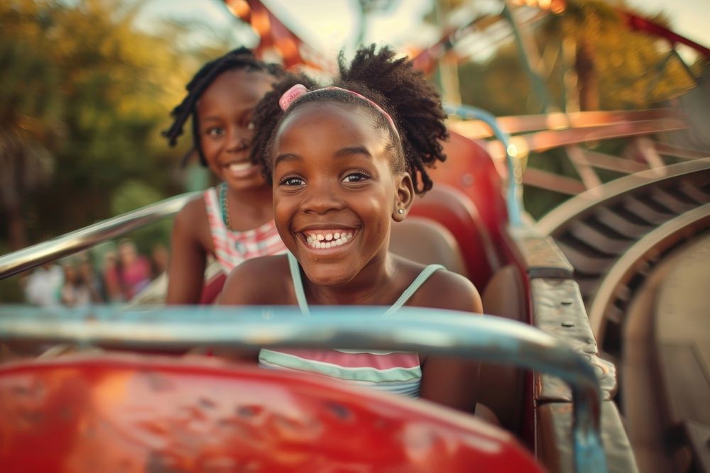 Young black girls on roller coaster portrait child happy.