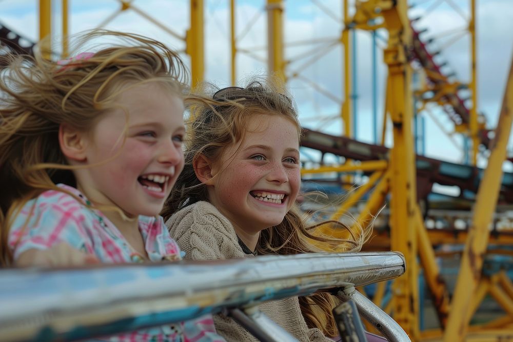 Young girls on roller coaster outdoors child fun.