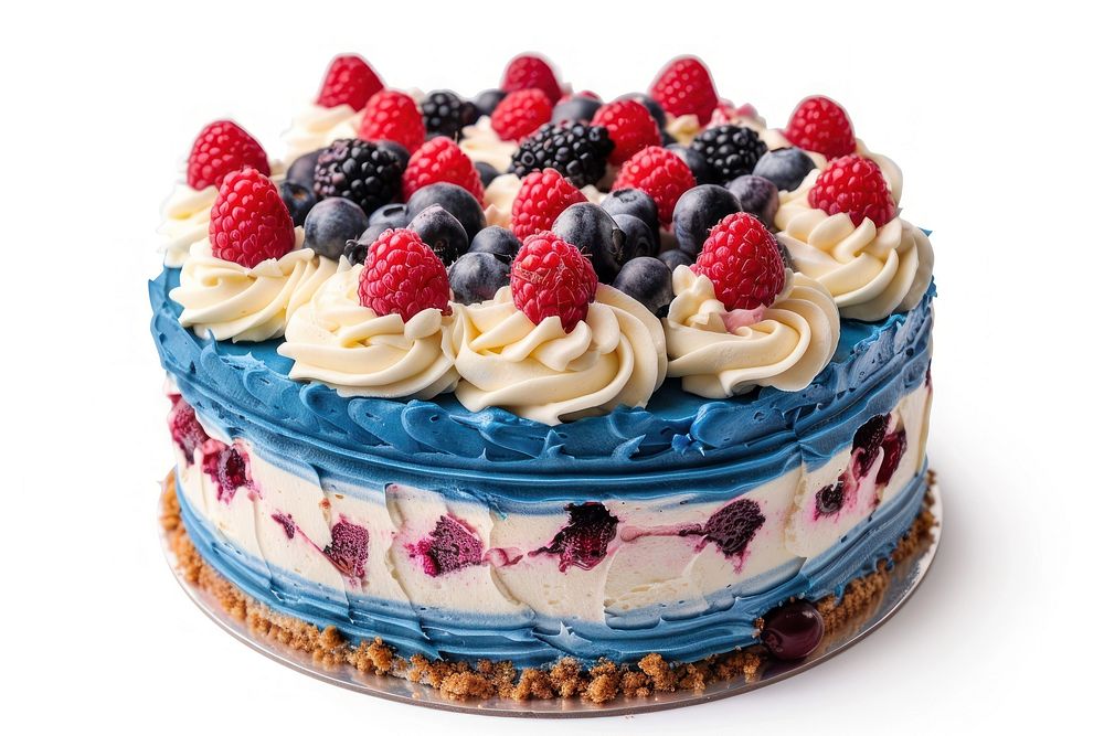 Cake blueberry raspberry dessert.
