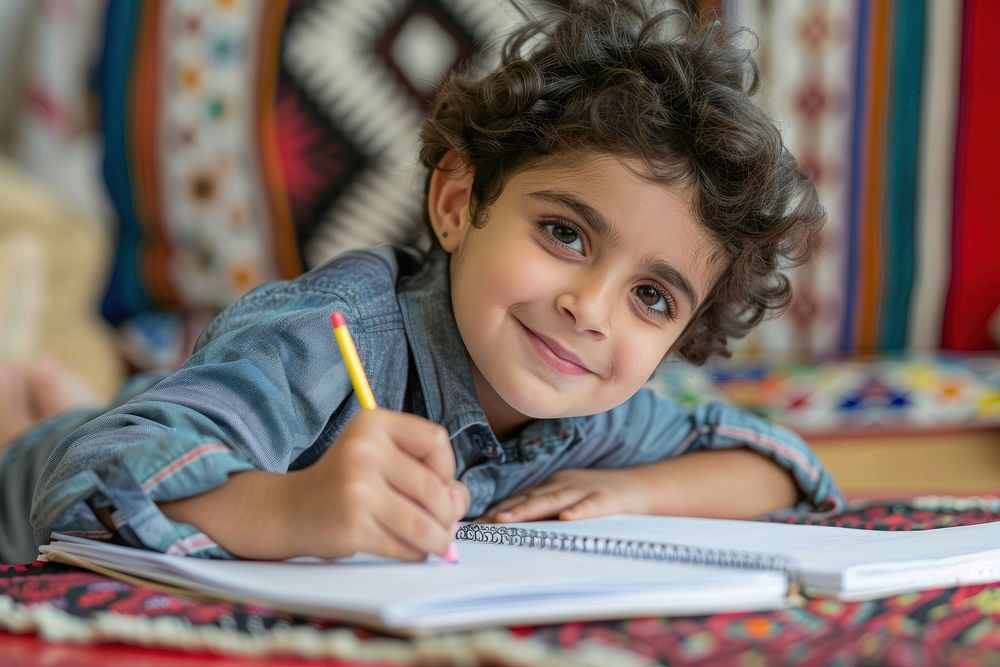 Middle eastern kid writing student person.