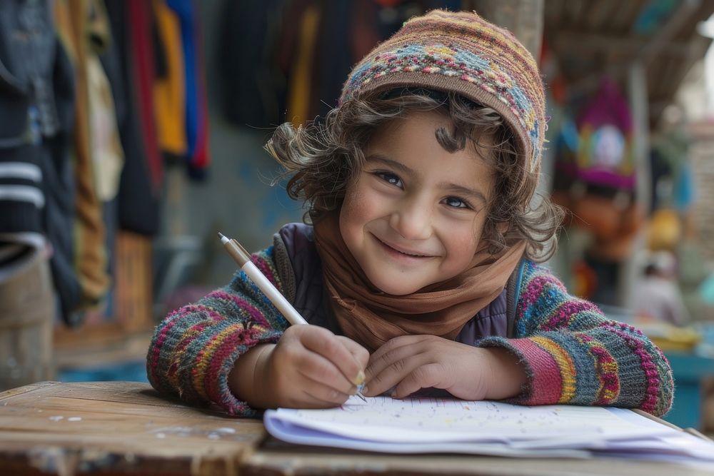 Middle eastern kid happy writing person.