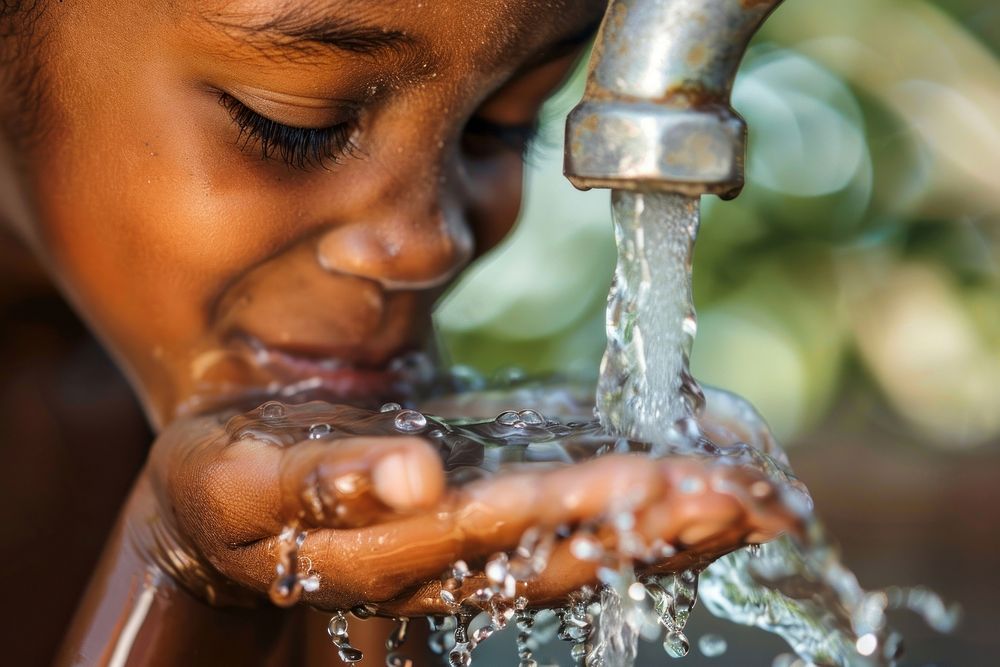 Young African girl drinking clean water hand person human.
