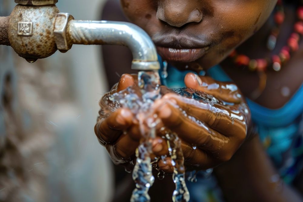Young African girl drinking clean water hand person female.