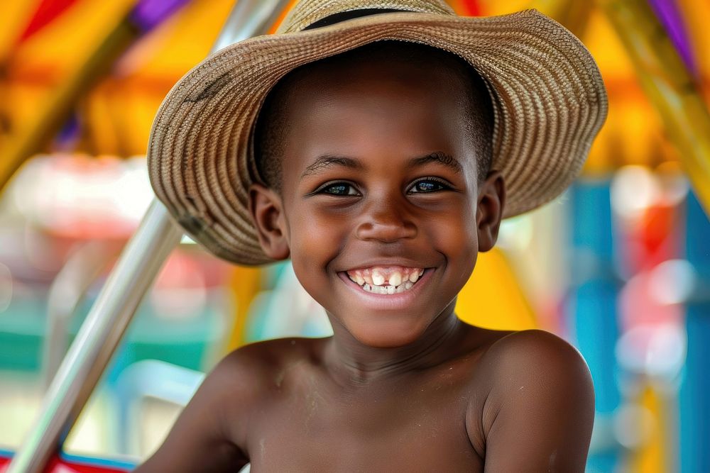 A young black boy on roller coaster portrait smile happy.