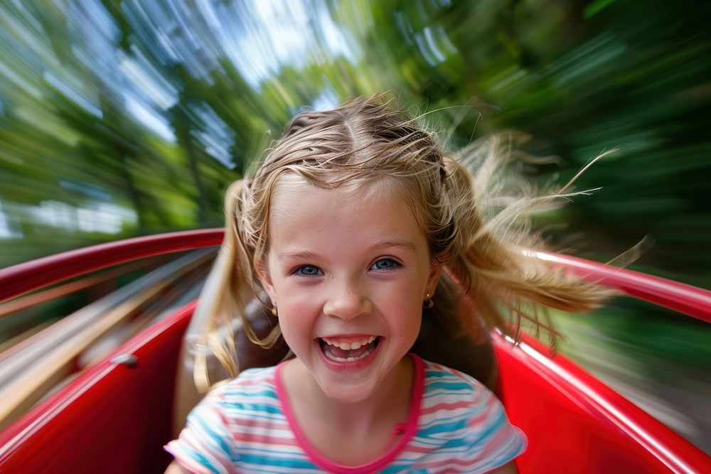 A young girl on roller coaster portrait laughing outdoors.
