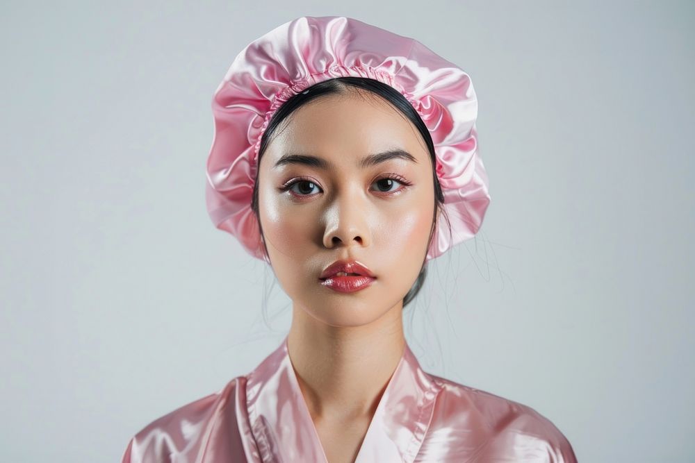 Asian woman wearing pink cap clothing apparel bonnet.