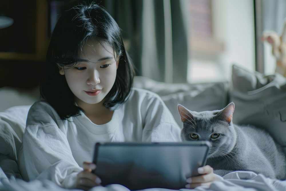 Woman play tablet and lovely cat photo electronics photography.