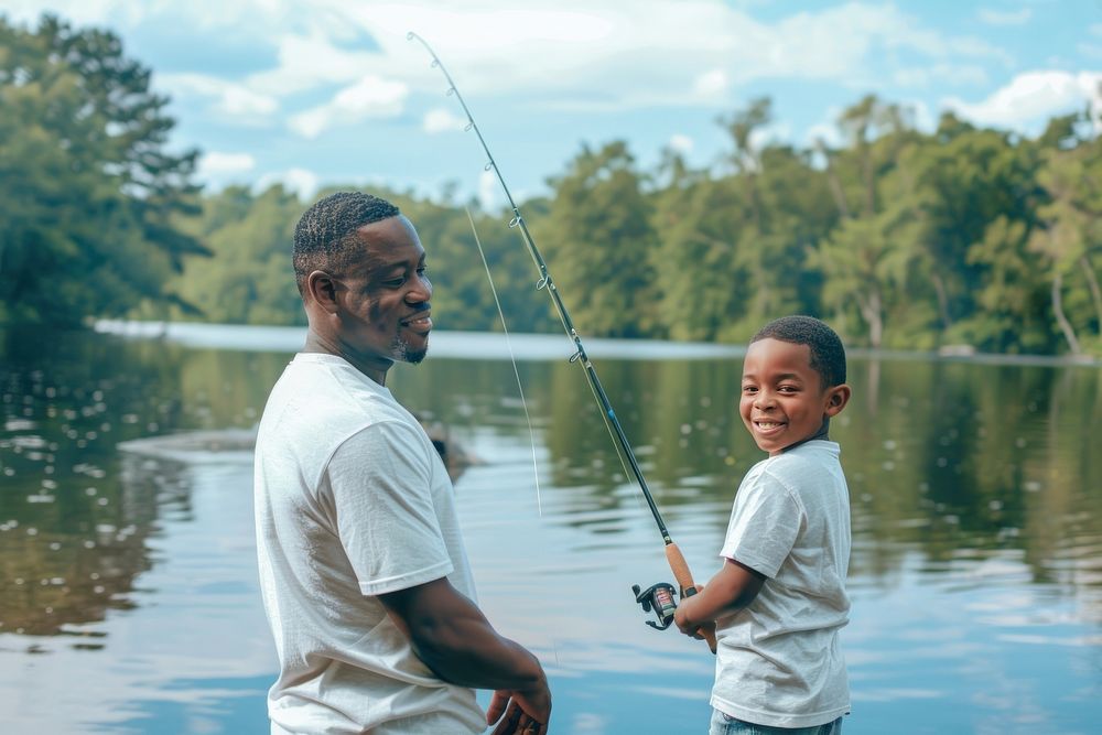 Black dad and son fishing recreation outdoors person.
