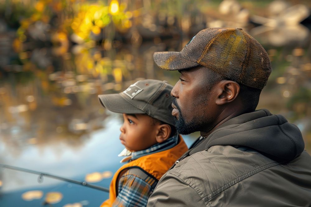 Black dad and son fishing photo lake photography.