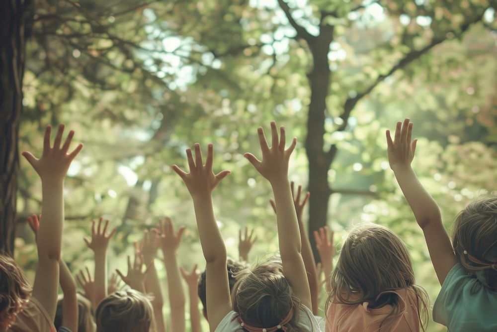 Children raise hands photo photography vegetation.