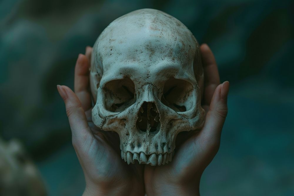 Hands holding skull anthropology headshot portrait.