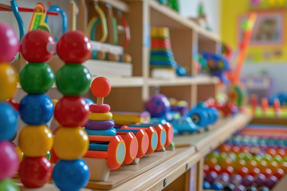 Interior photography detail of toys kindergarten indoors play area.
