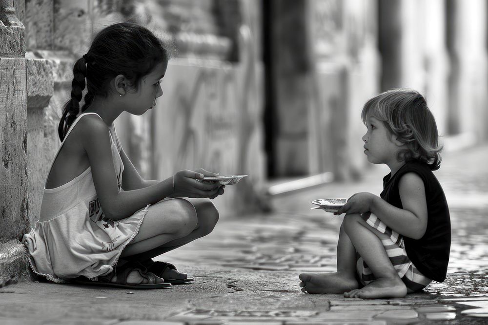 Kid give money to homeless person sitting photo photography.