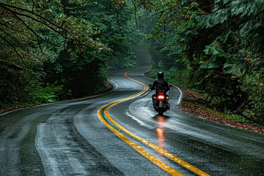Motorcycle on road outdoors vehicle helmet.