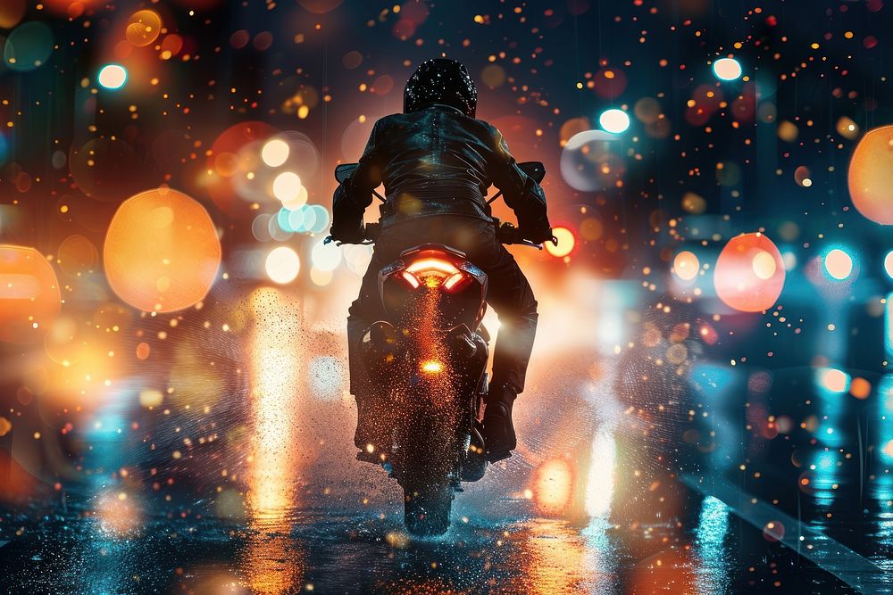 Motorcycle on road vehicle speed night.