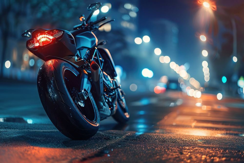 Motorcycle on road night headlight outdoors.