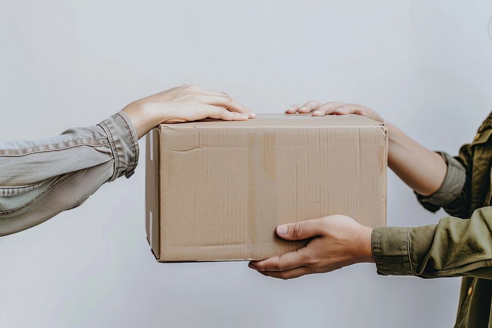 Person giving big cardboard box package carton female.