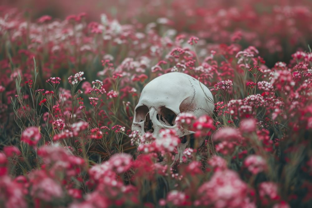 Skull in flower field outdoors nature plant.