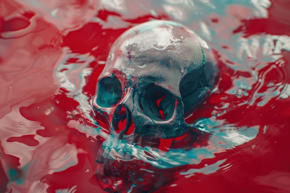 Skull in red pool swimming reflection splattered.
