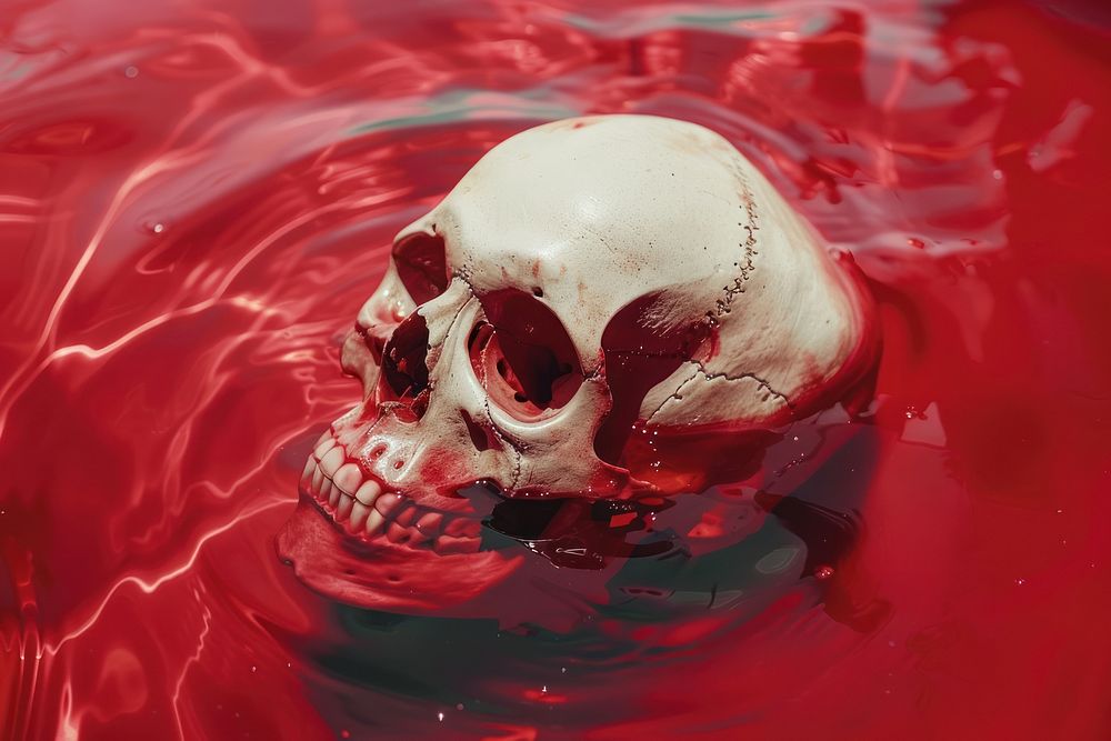 Skull in red pool outdoors floating animal.