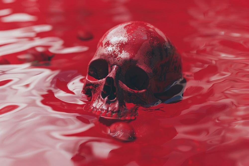Skull in red pool outdoors rippled produce.