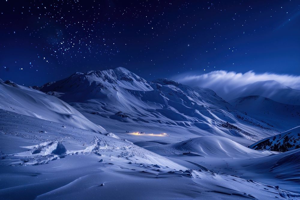 Snowy mountain night sky landscape.