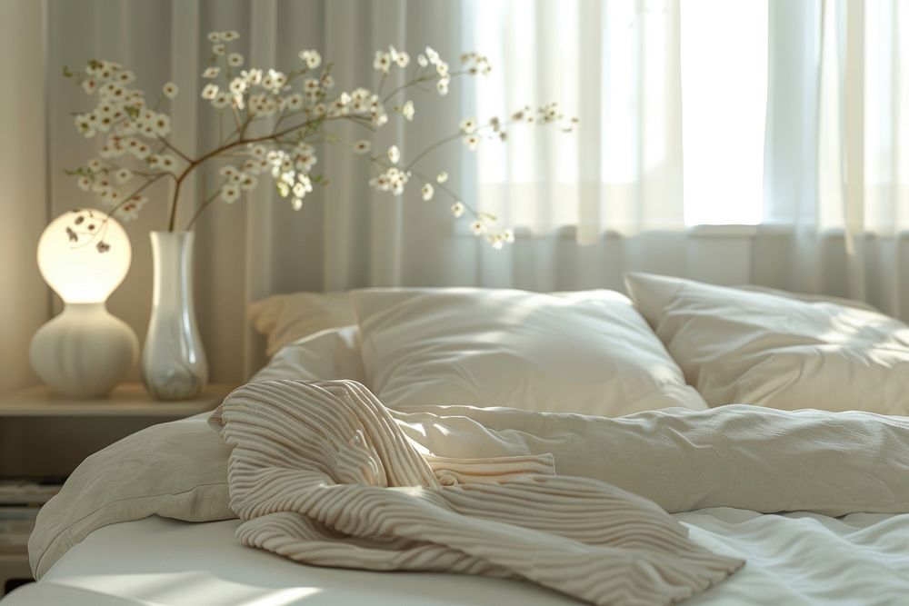 Scandinavian style bedrooom interior furniture cushion blanket.