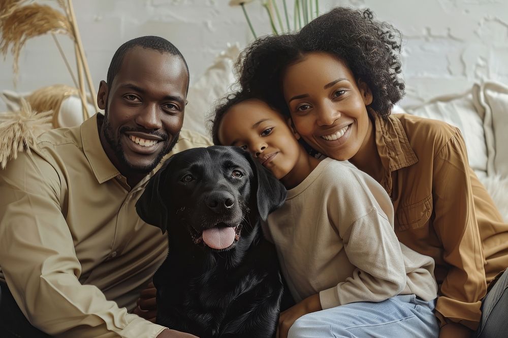 Black family and labador dog happy people person.