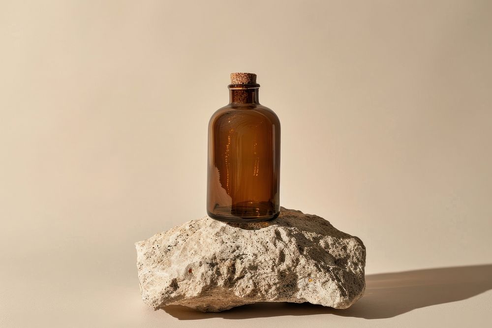 Amber glass bottle mockup rock cosmetics perfume.
