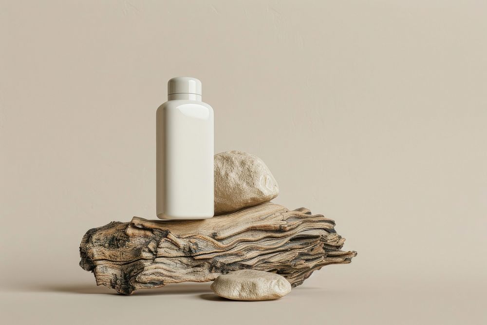 Body Lotion bottle mockup wood driftwood.