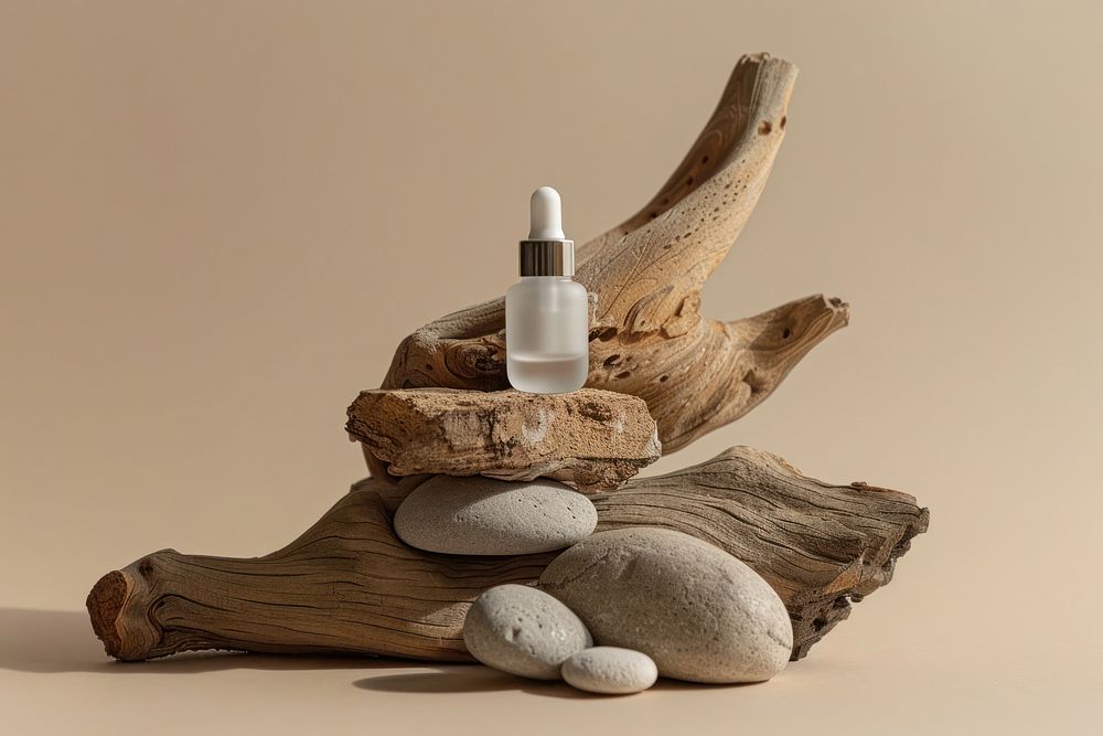 Serum skincare bottle mockup wood medication driftwood.