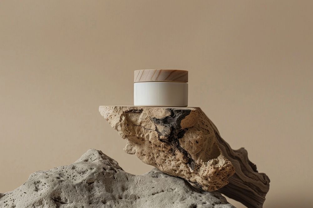 Skincare cream jar packaging mockup wood rock driftwood.