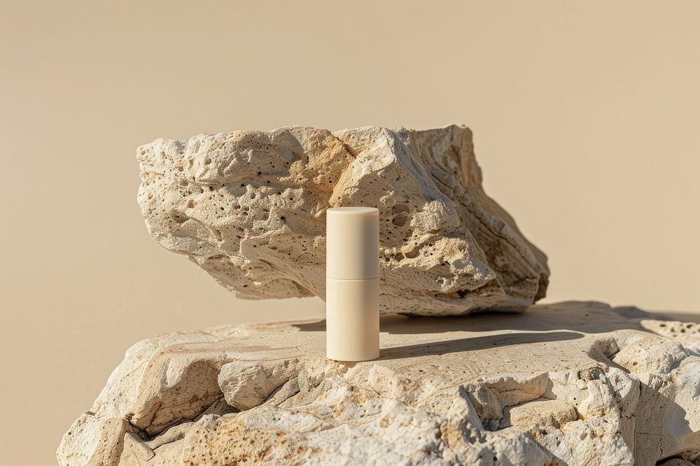 Sunscreen stick packaging mockup rock limestone candle.